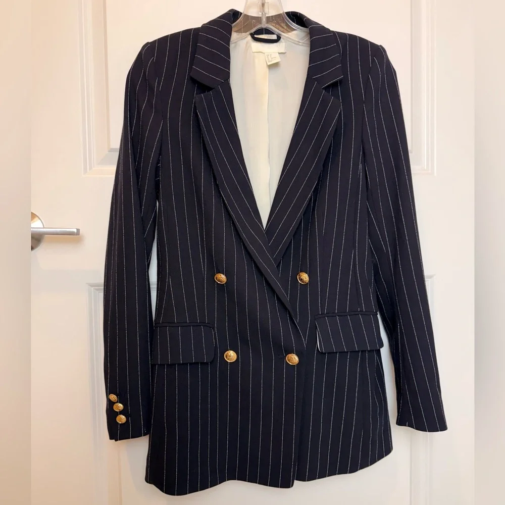 H&M Double-Breasted Pinstripe Blazer Navy Blue Gold Button Jacket Size 0 - Picture 2 of 11
